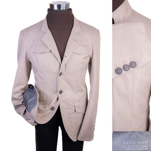 Zara Blazer Mens Sz 44 Solid Beige 5-Button Sport Coat Jacket Blazer Poly Blend - Picture 1 of 14